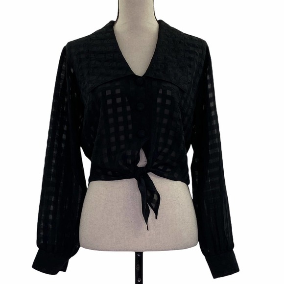 Gsl Tie Waist Black Sheer Mesh button Down Shirt - Picture 1 of 10